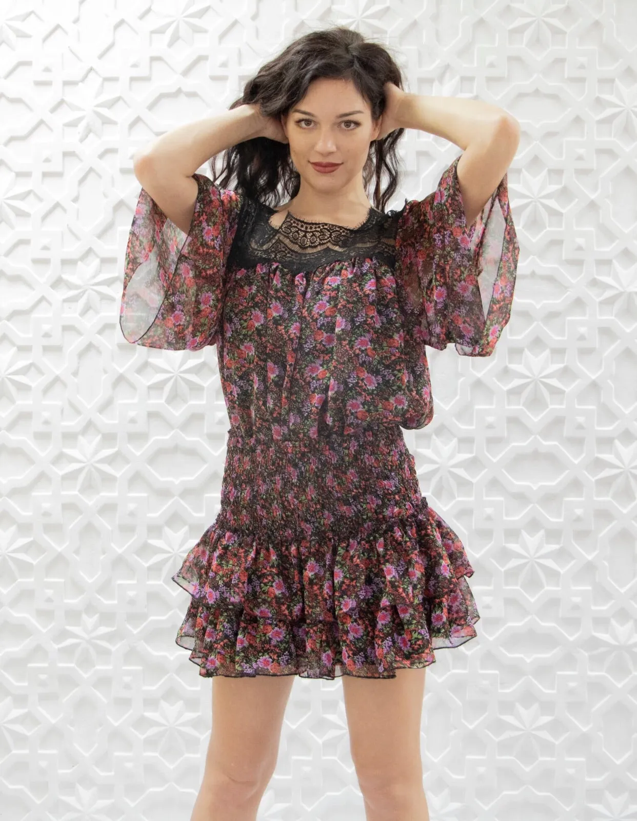 Floral print, square neck, lace trim top