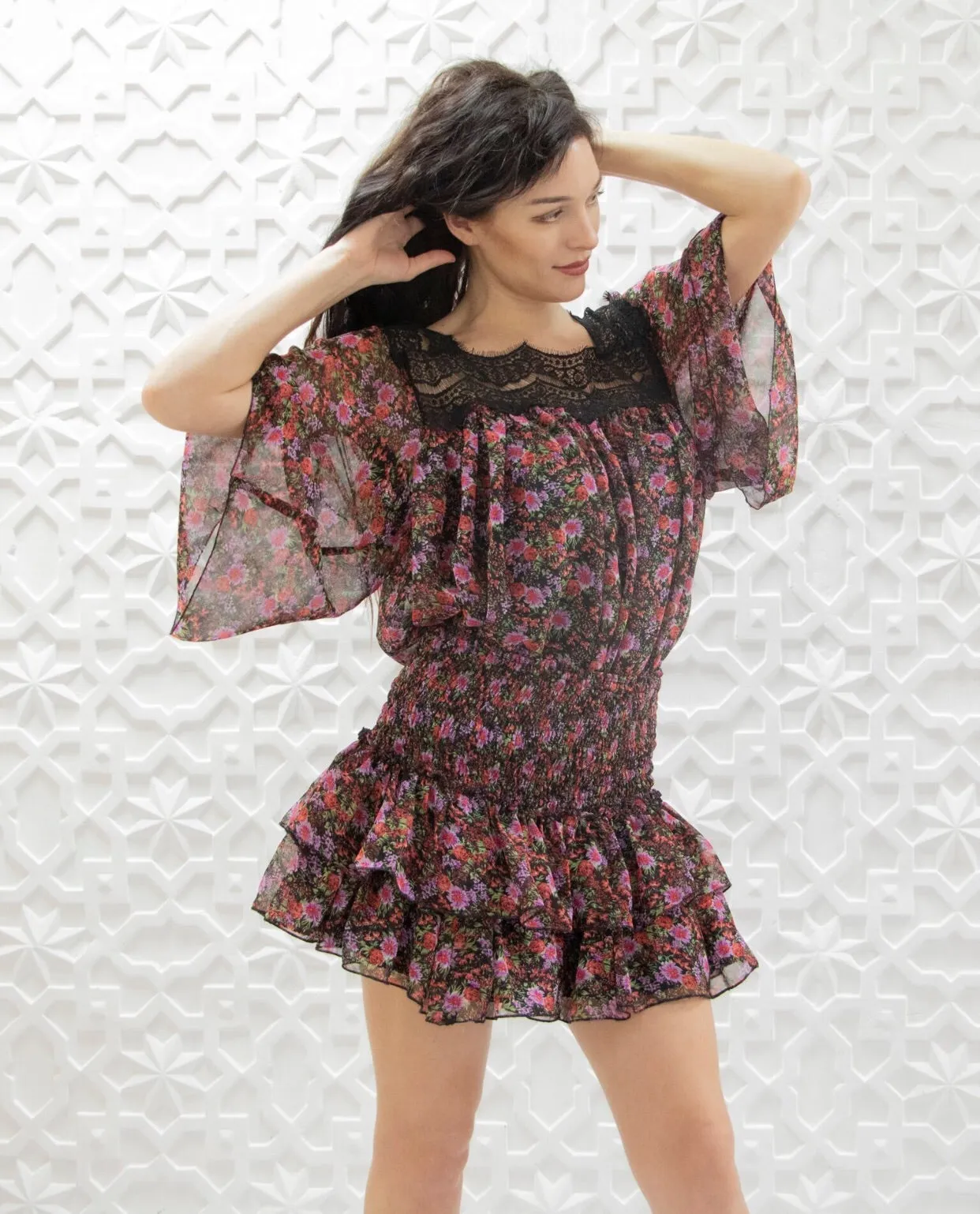 Floral print, square neck, lace trim top