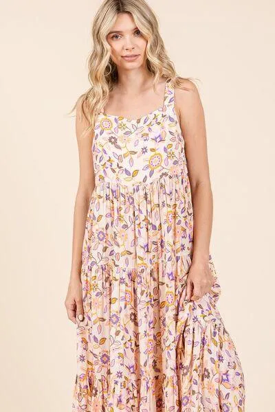 Flower Print Tiered Sleeveless Empire Maxi Dress