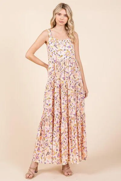Flower Print Tiered Sleeveless Empire Maxi Dress