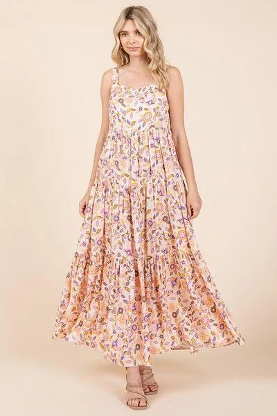 Flower Print Tiered Sleeveless Empire Maxi Dress