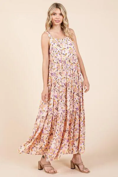 Flower Print Tiered Sleeveless Empire Maxi Dress