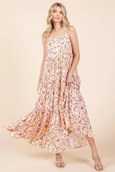 Flower Print Tiered Sleeveless Empire Maxi Dress