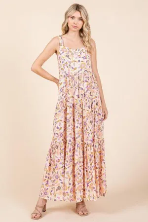 Flower Print Tiered Sleeveless Empire Maxi Dress