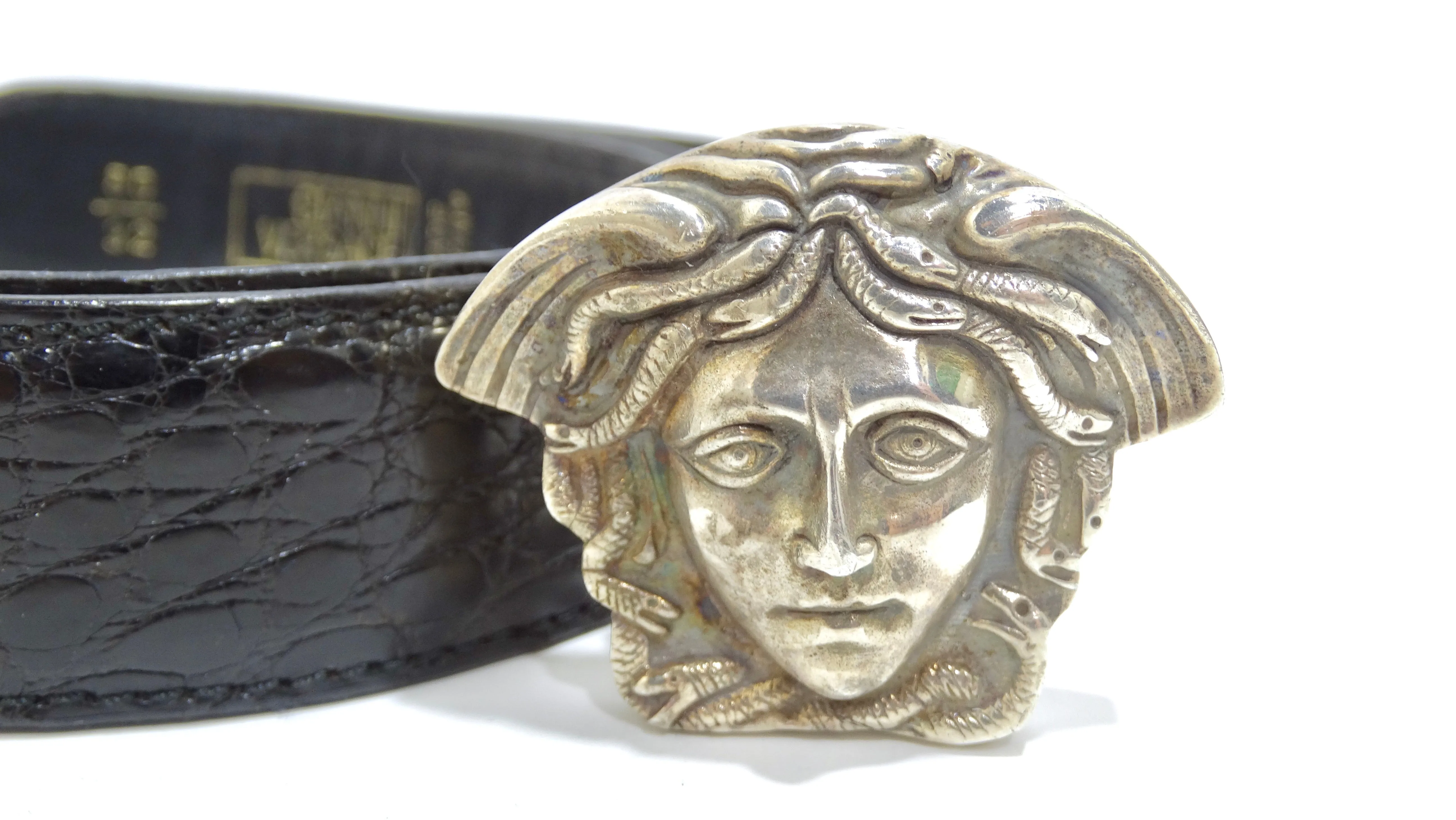 Gianni Versace Silver-Toned Medusa Leather Belt
