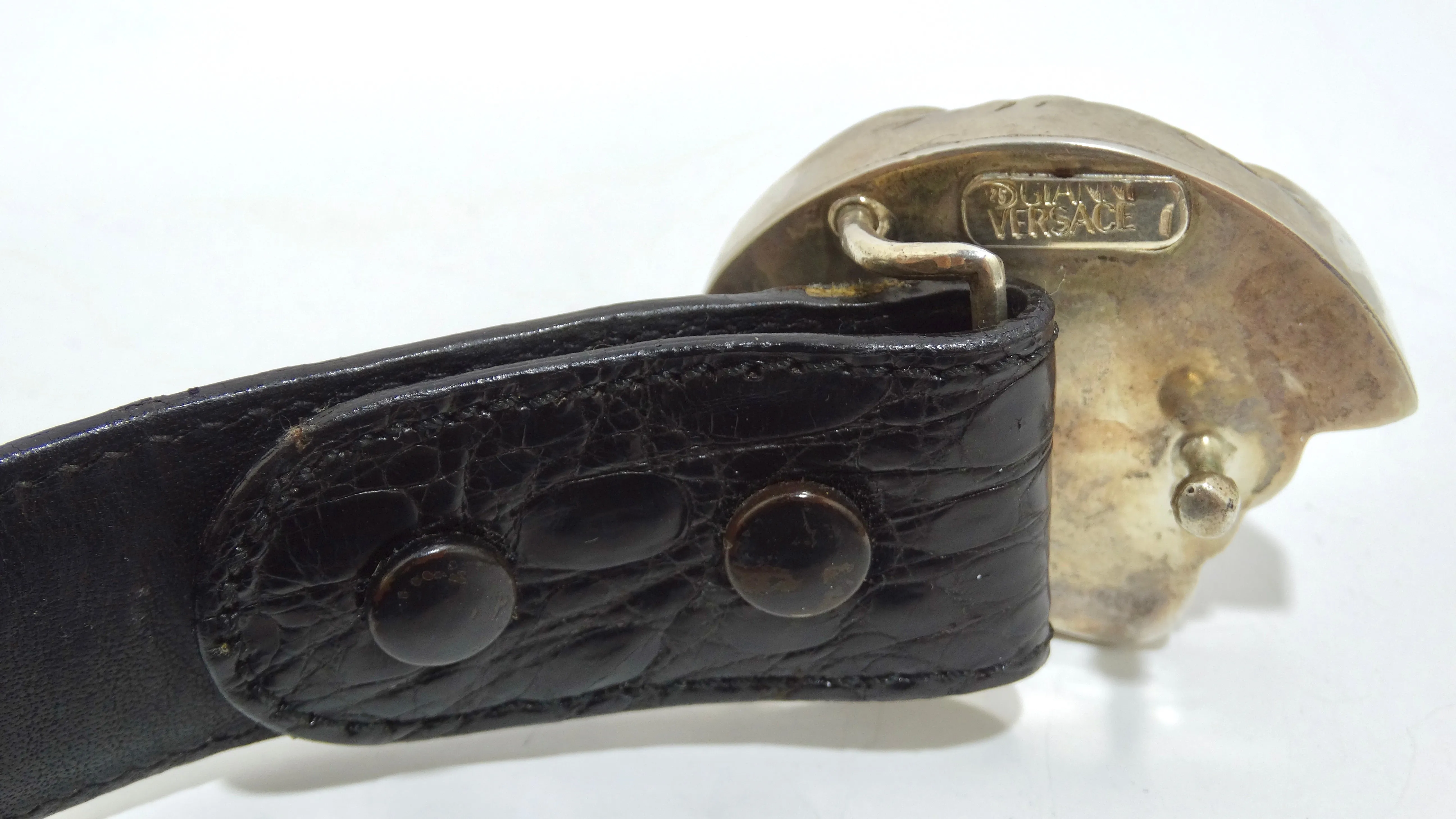 Gianni Versace Silver-Toned Medusa Leather Belt