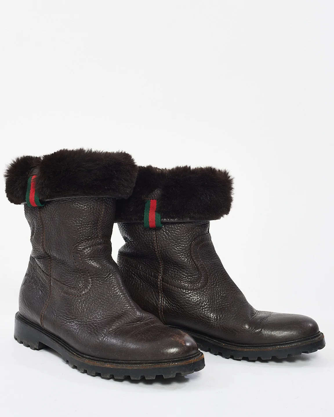 Gucci Brown Leather & Fur Web Boots - 37.5