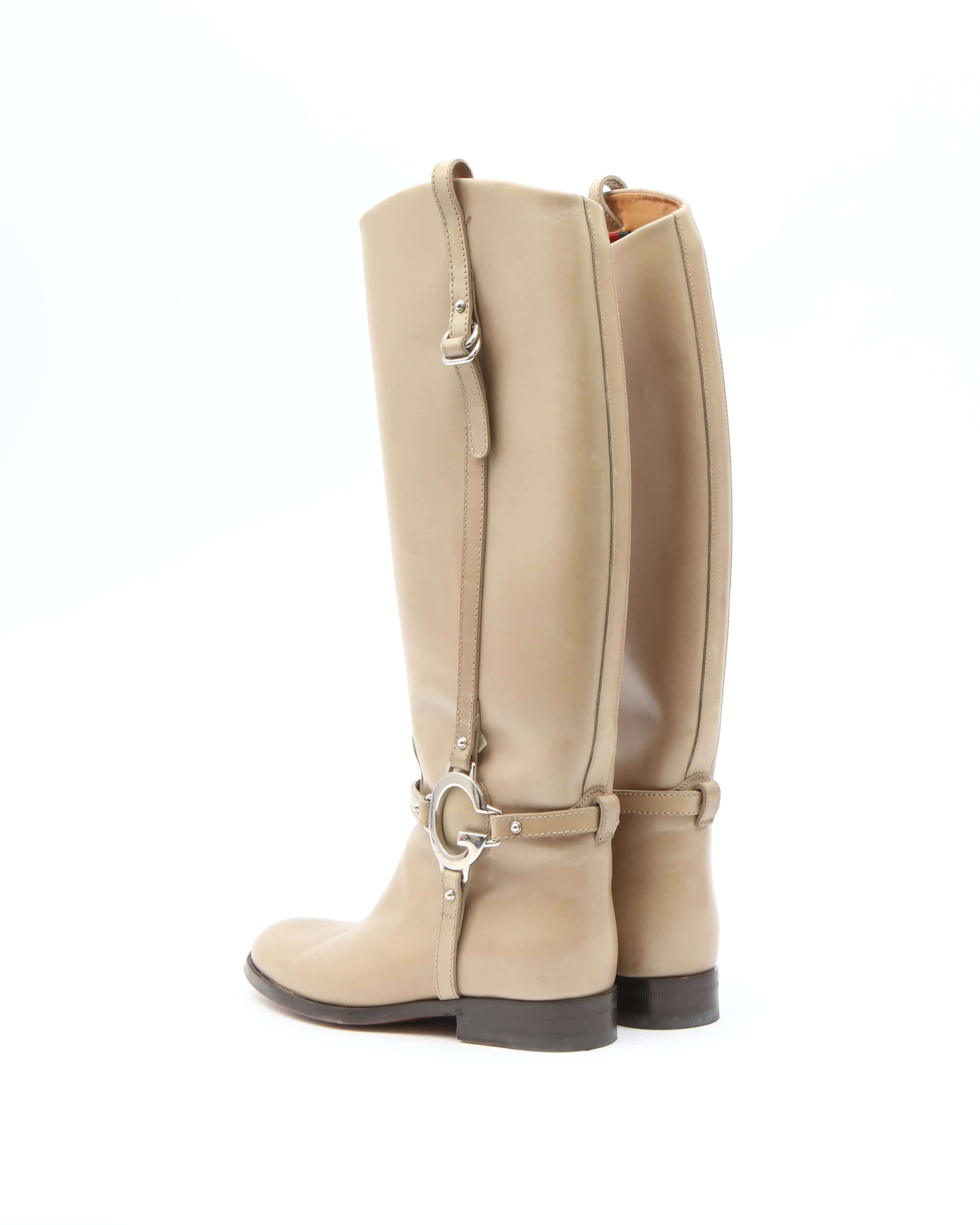 Gucci Taupe Leather Web Detail Riding Boots - 35