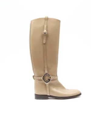 Gucci Taupe Leather Web Detail Riding Boots - 35