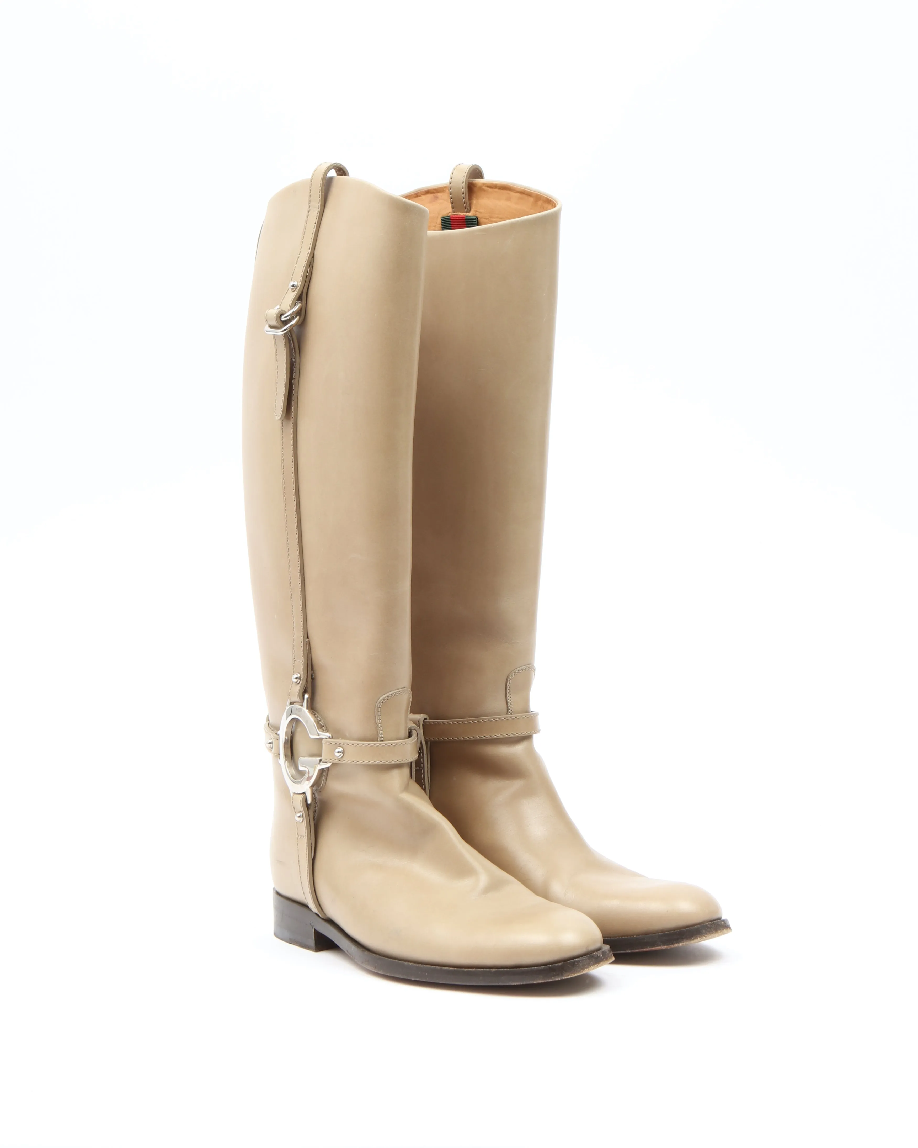 Gucci Taupe Leather Web Detail Riding Boots - 35