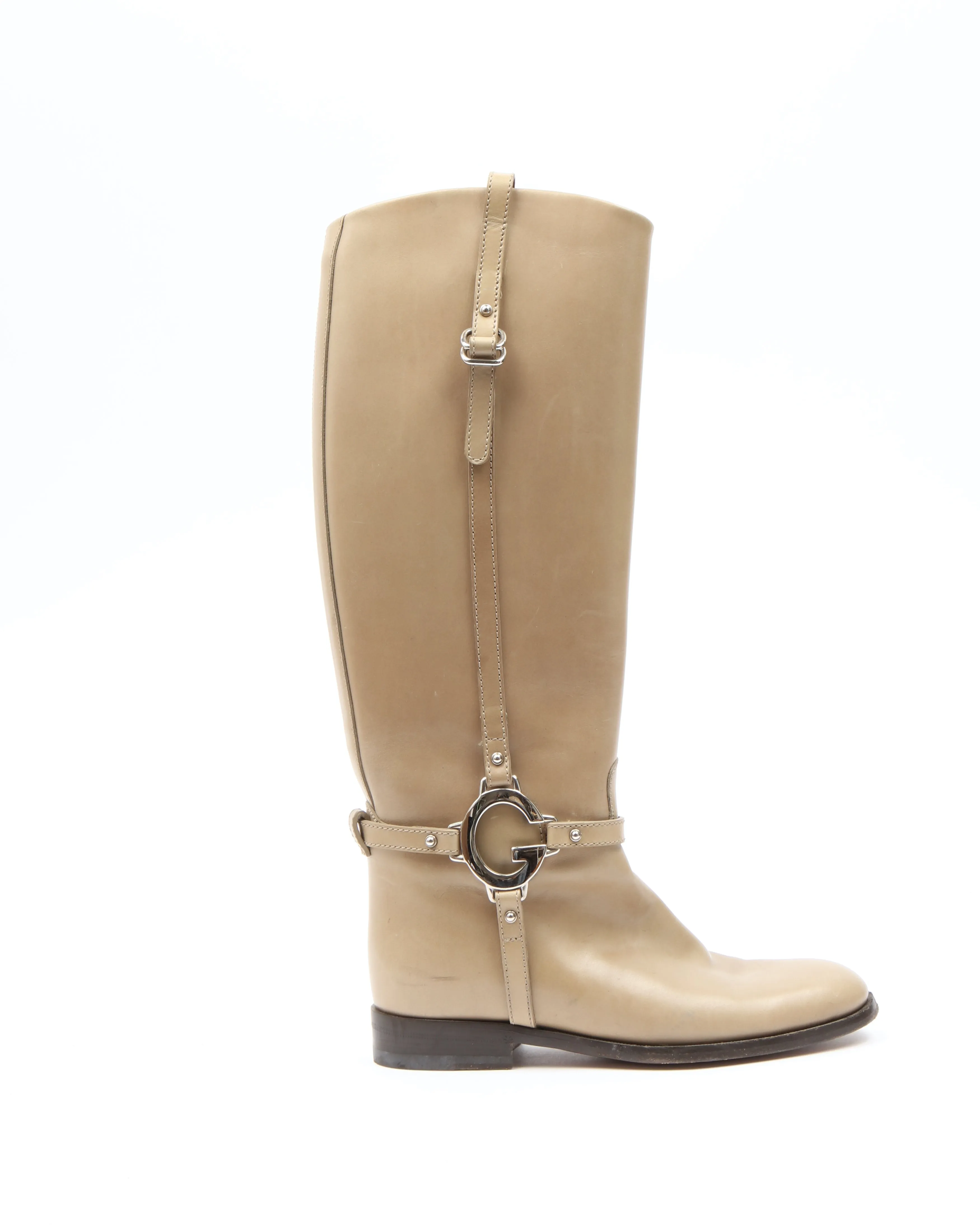 Gucci Taupe Leather Web Detail Riding Boots - 35