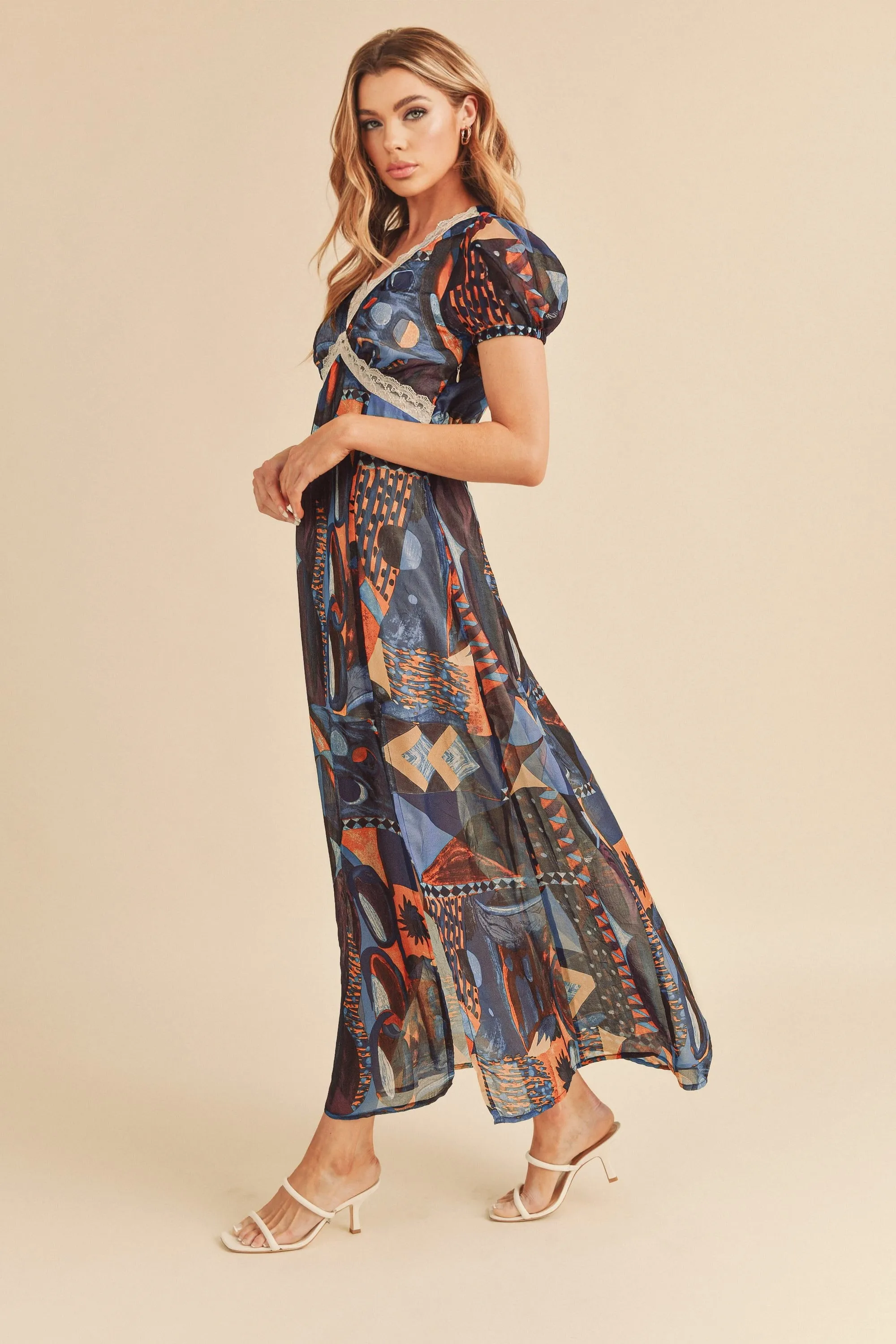 Hazel Blues® |  Aemi   Co Lace Detail Slit Geometric Print Short Sleeve Maxi Dress