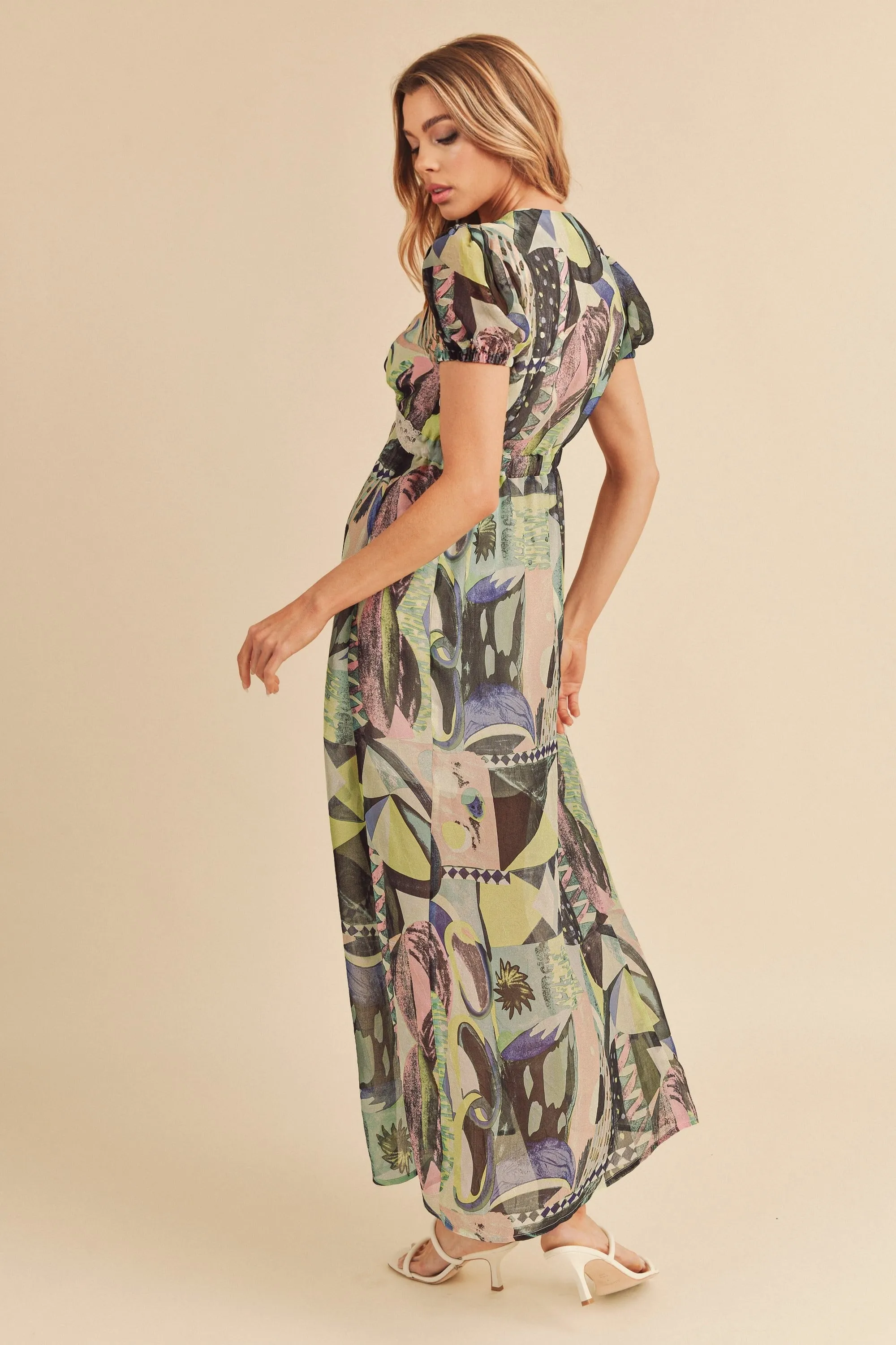 Hazel Blues® |  Aemi   Co Lace Detail Slit Geometric Print Short Sleeve Maxi Dress