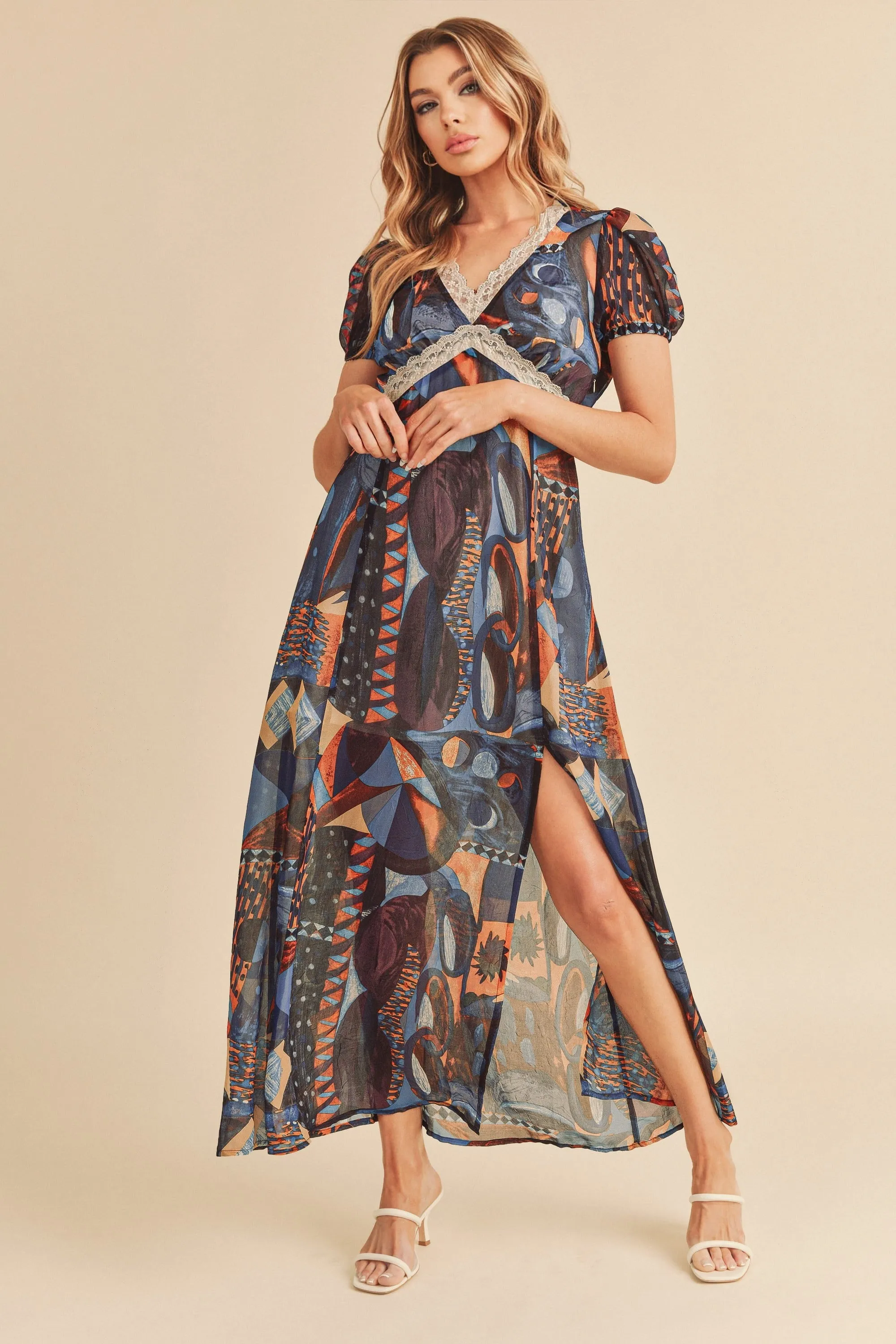 Hazel Blues® |  Aemi   Co Lace Detail Slit Geometric Print Short Sleeve Maxi Dress