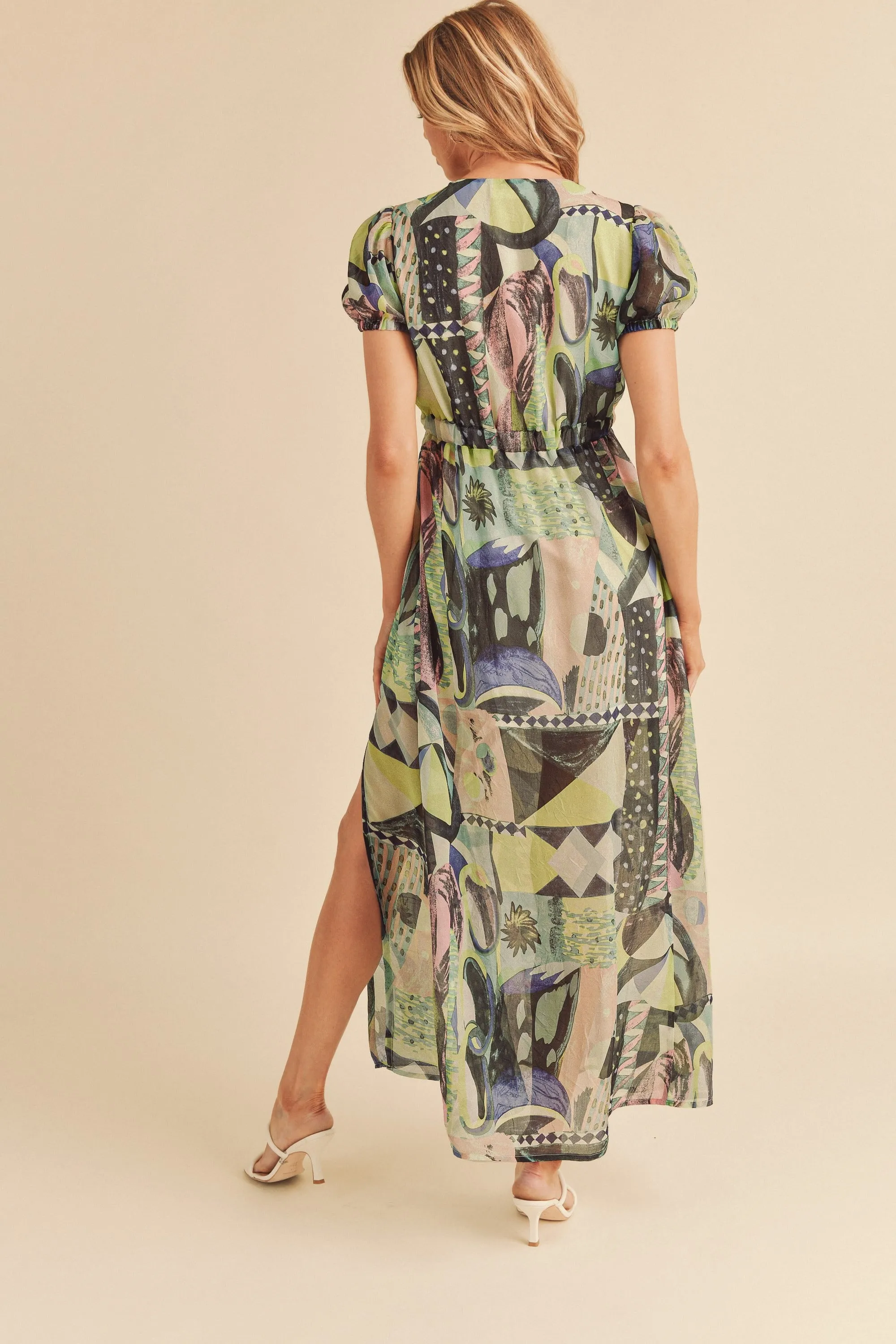 Hazel Blues® |  Aemi   Co Lace Detail Slit Geometric Print Short Sleeve Maxi Dress