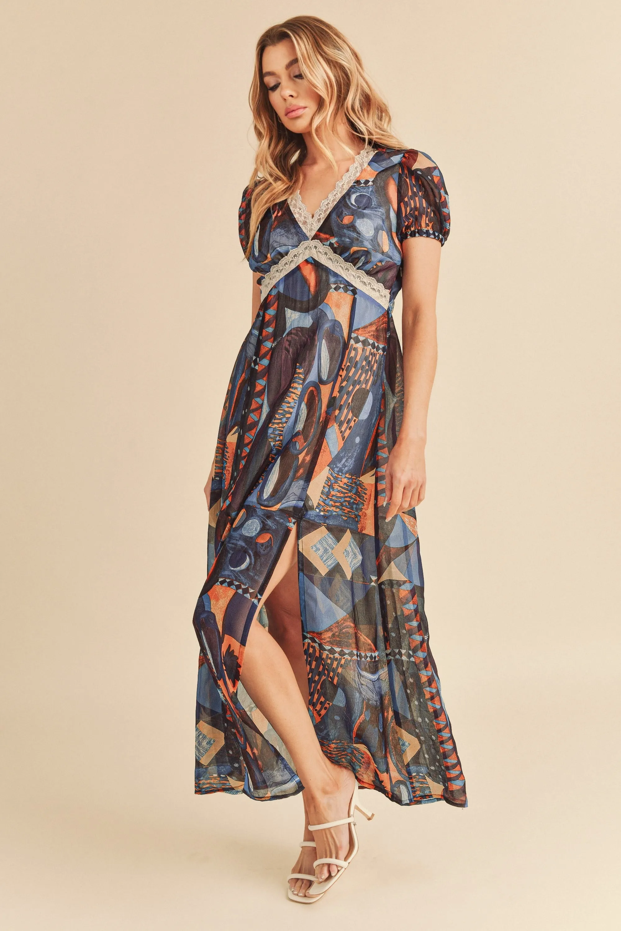 Hazel Blues® |  Aemi   Co Lace Detail Slit Geometric Print Short Sleeve Maxi Dress