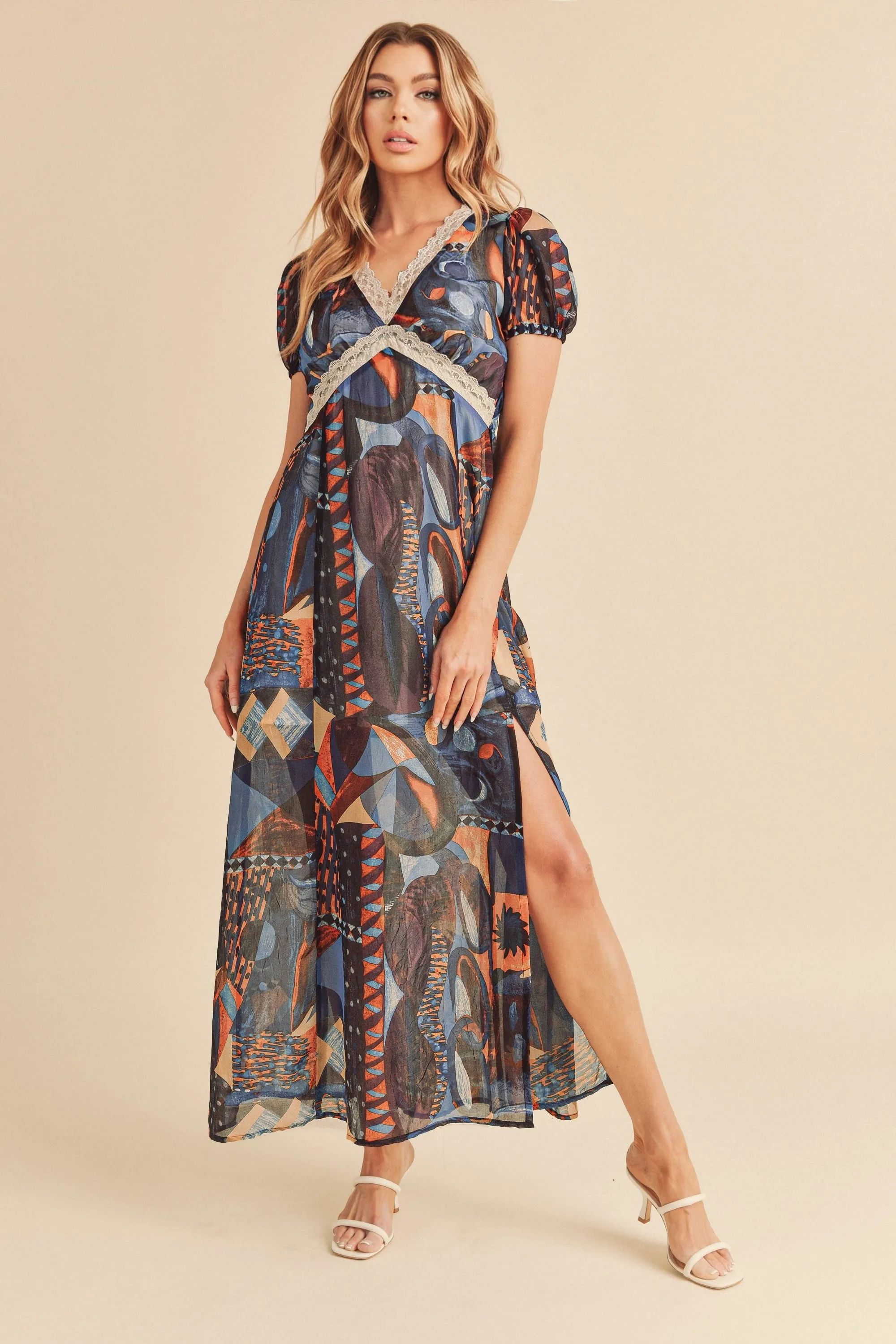 Hazel Blues® |  Aemi   Co Lace Detail Slit Geometric Print Short Sleeve Maxi Dress