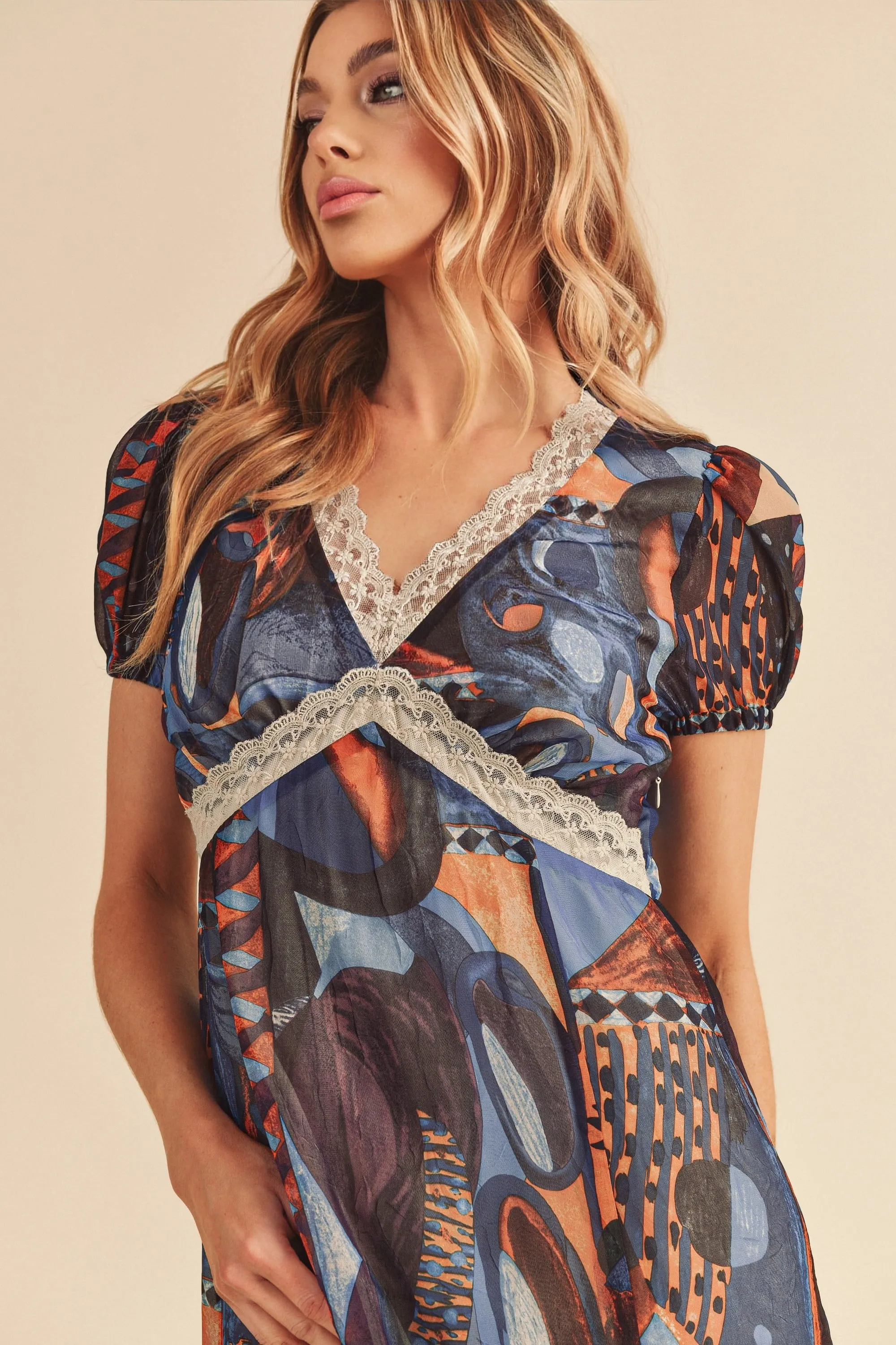 Hazel Blues® |  Aemi   Co Lace Detail Slit Geometric Print Short Sleeve Maxi Dress