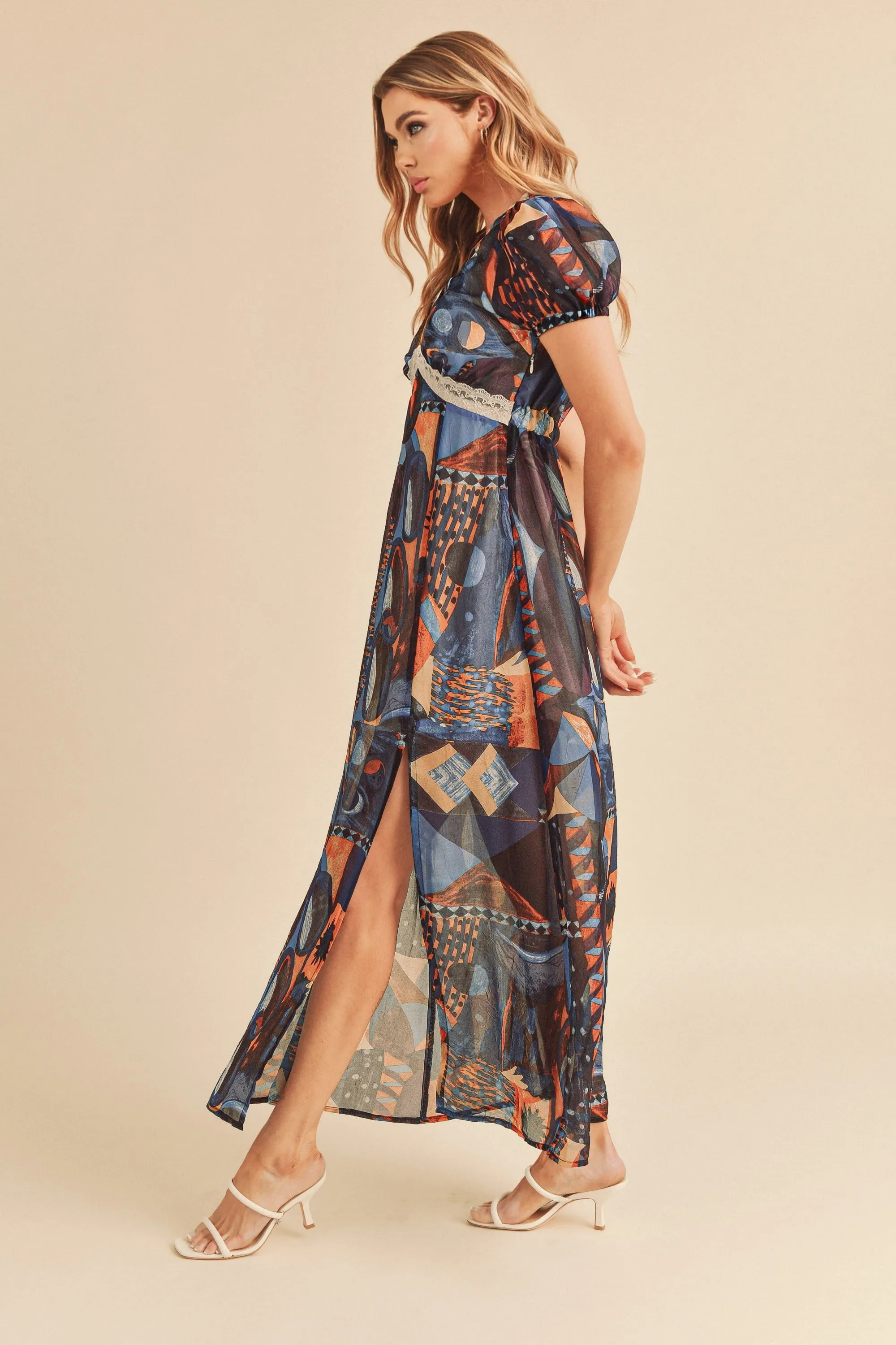 Hazel Blues® |  Aemi   Co Lace Detail Slit Geometric Print Short Sleeve Maxi Dress