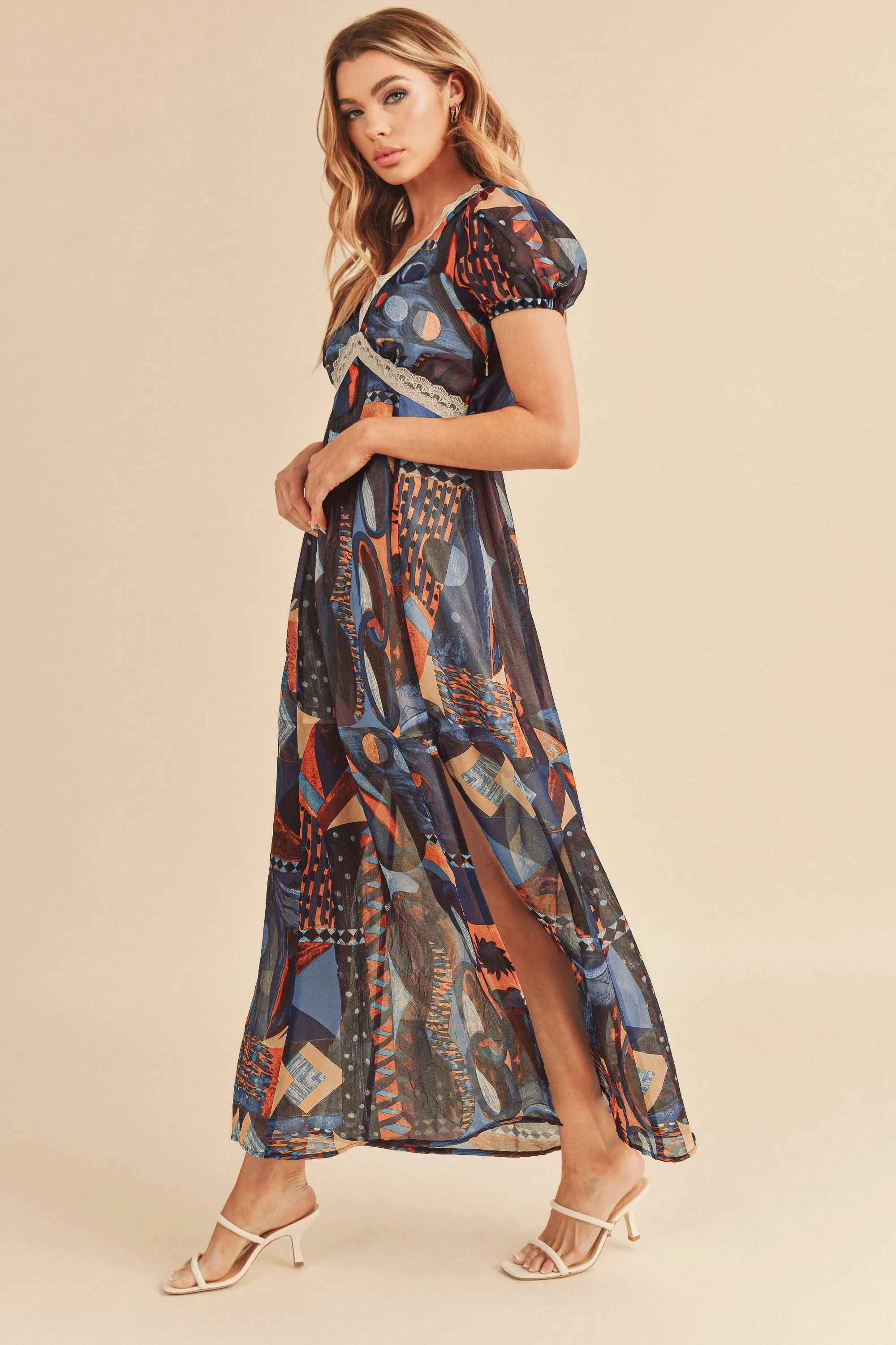 Hazel Blues® |  Aemi   Co Lace Detail Slit Geometric Print Short Sleeve Maxi Dress