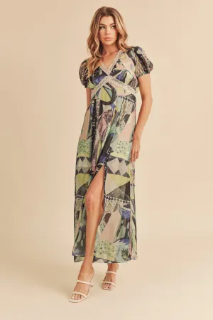 Hazel Blues® |  Aemi   Co Lace Detail Slit Geometric Print Short Sleeve Maxi Dress