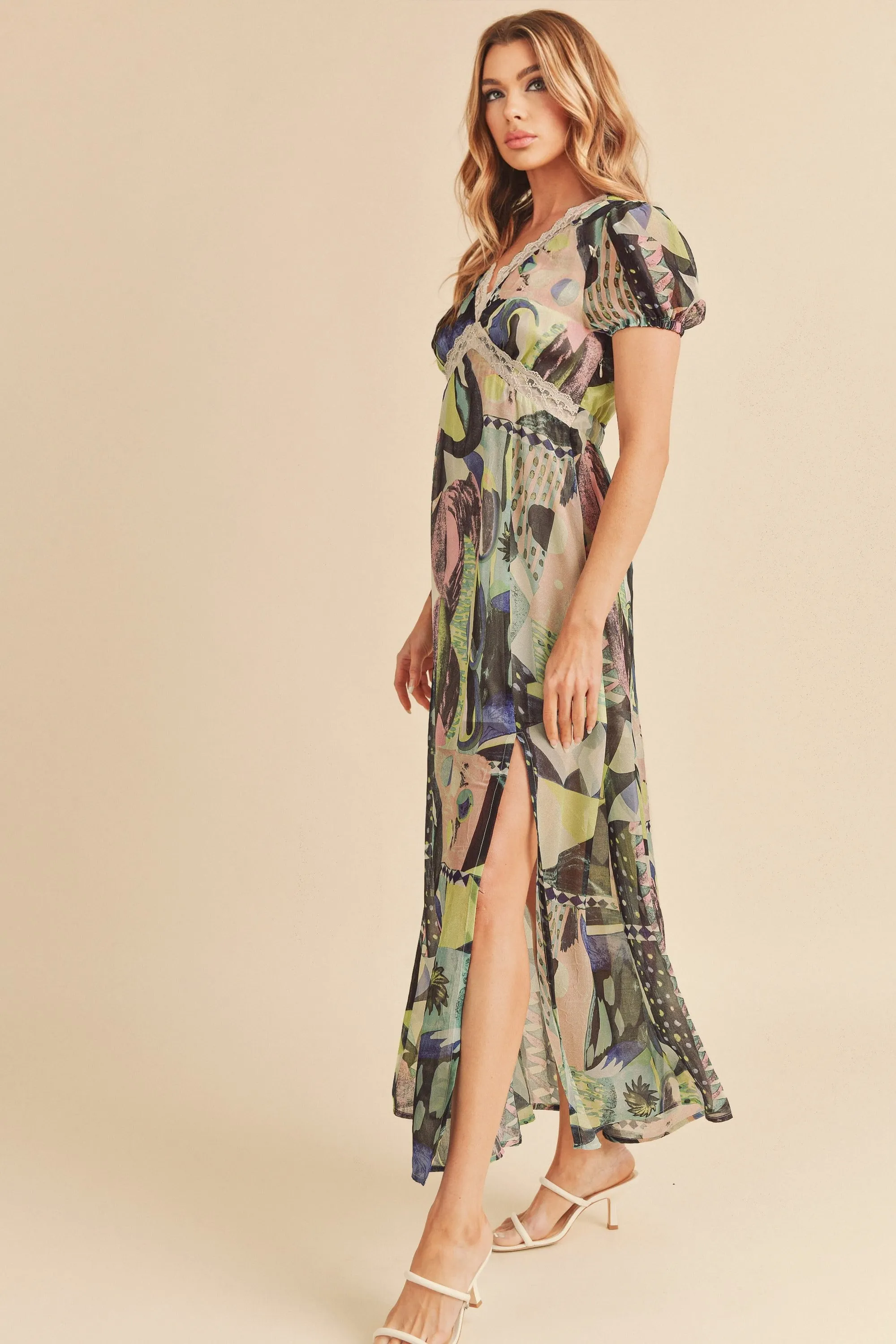 Hazel Blues® |  Aemi   Co Lace Detail Slit Geometric Print Short Sleeve Maxi Dress