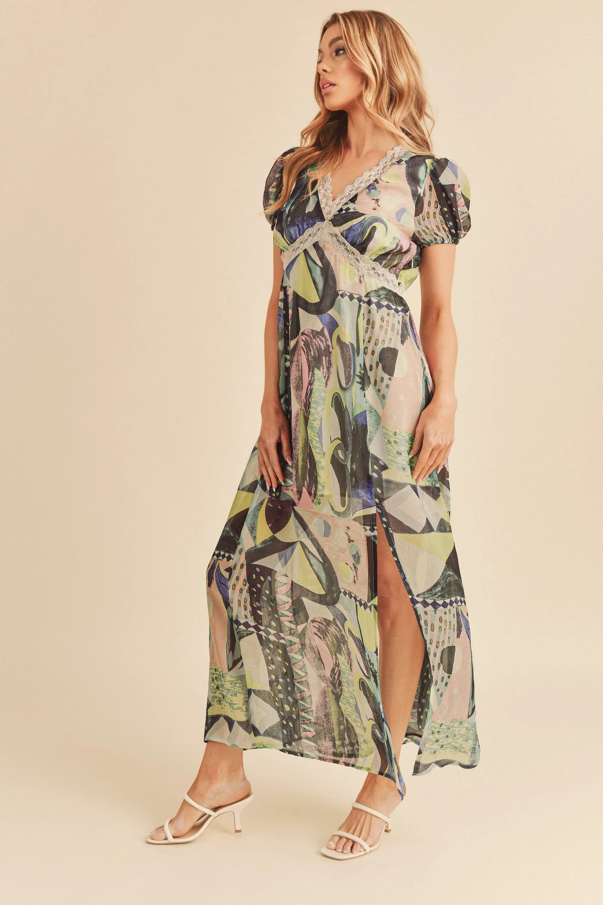 Hazel Blues® |  Aemi   Co Lace Detail Slit Geometric Print Short Sleeve Maxi Dress