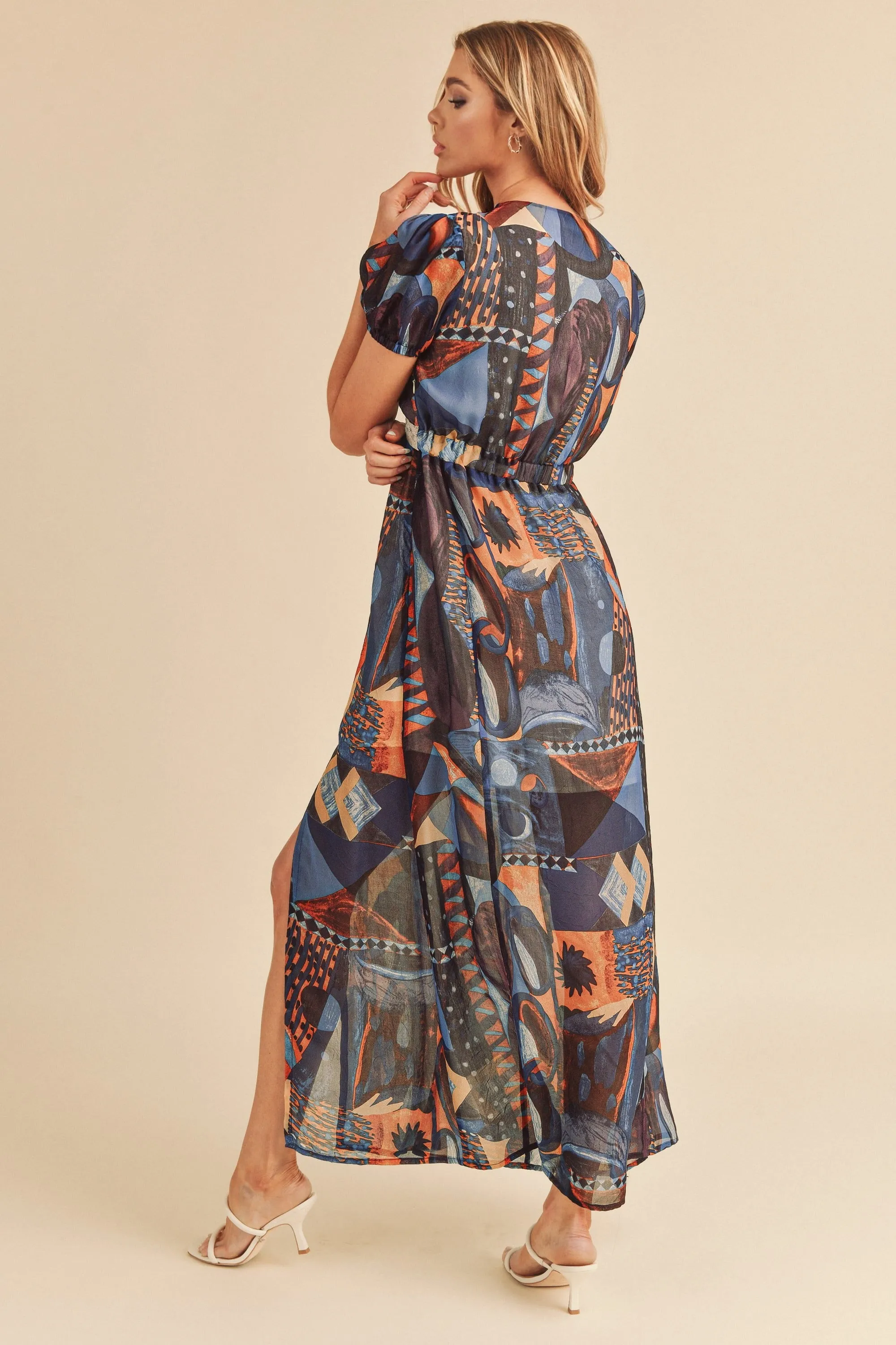 Hazel Blues® |  Aemi   Co Lace Detail Slit Geometric Print Short Sleeve Maxi Dress