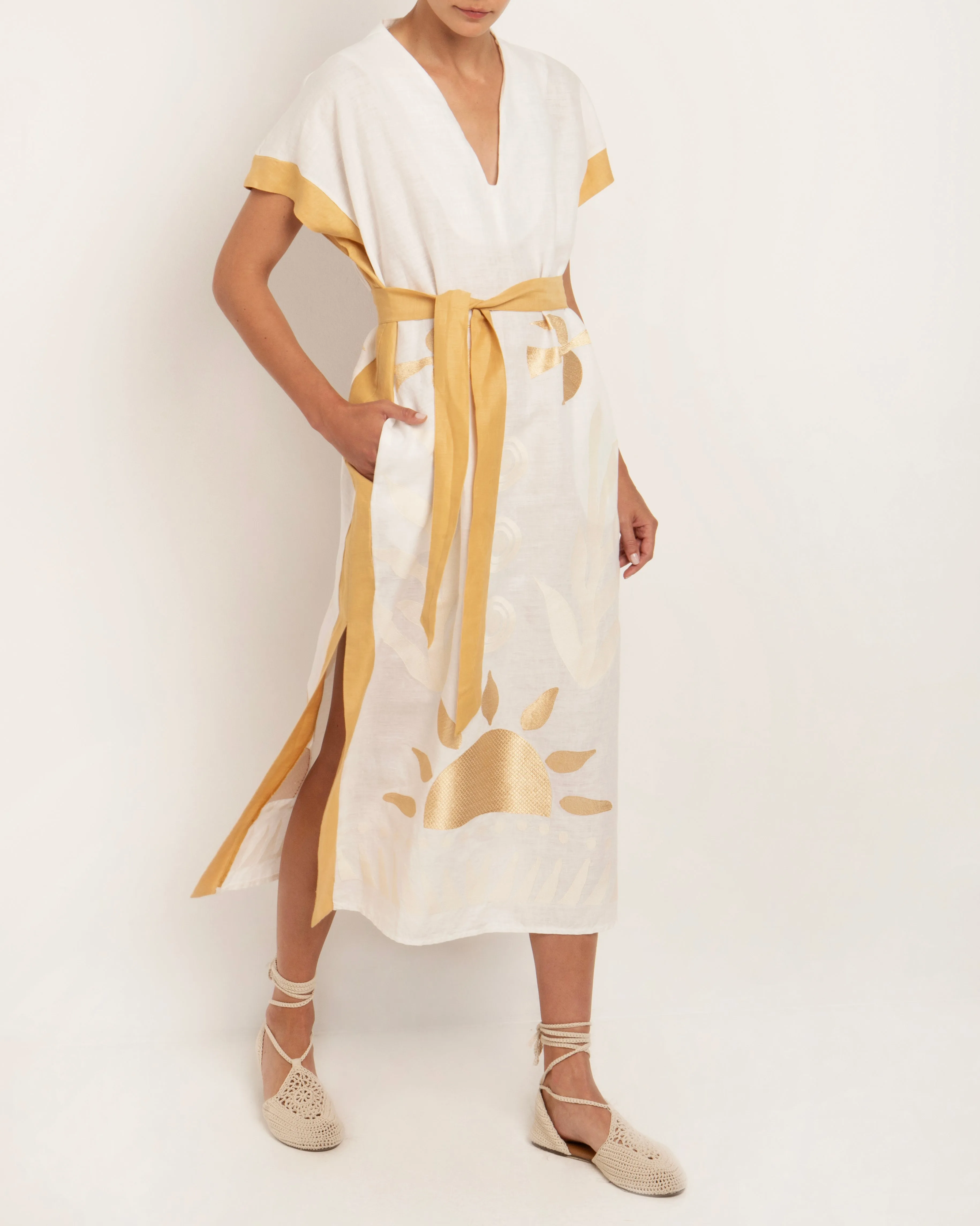 KAFTAN LONG SUN DRESS - WHITE MASTARD/ECRU