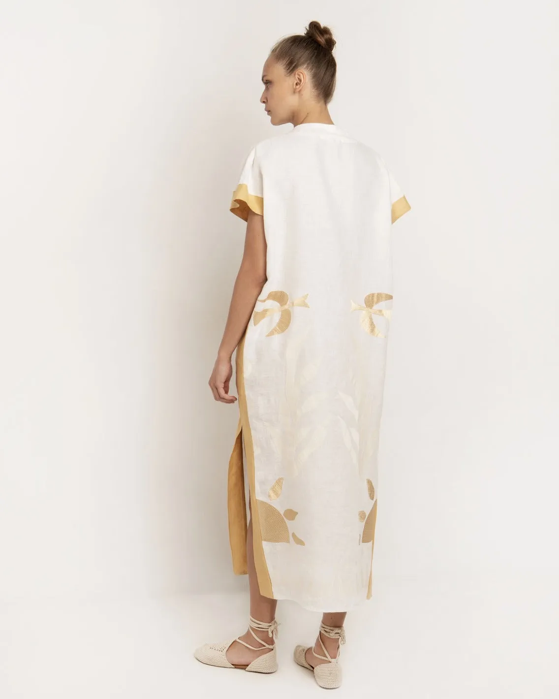 KAFTAN LONG SUN DRESS - WHITE MASTARD/ECRU