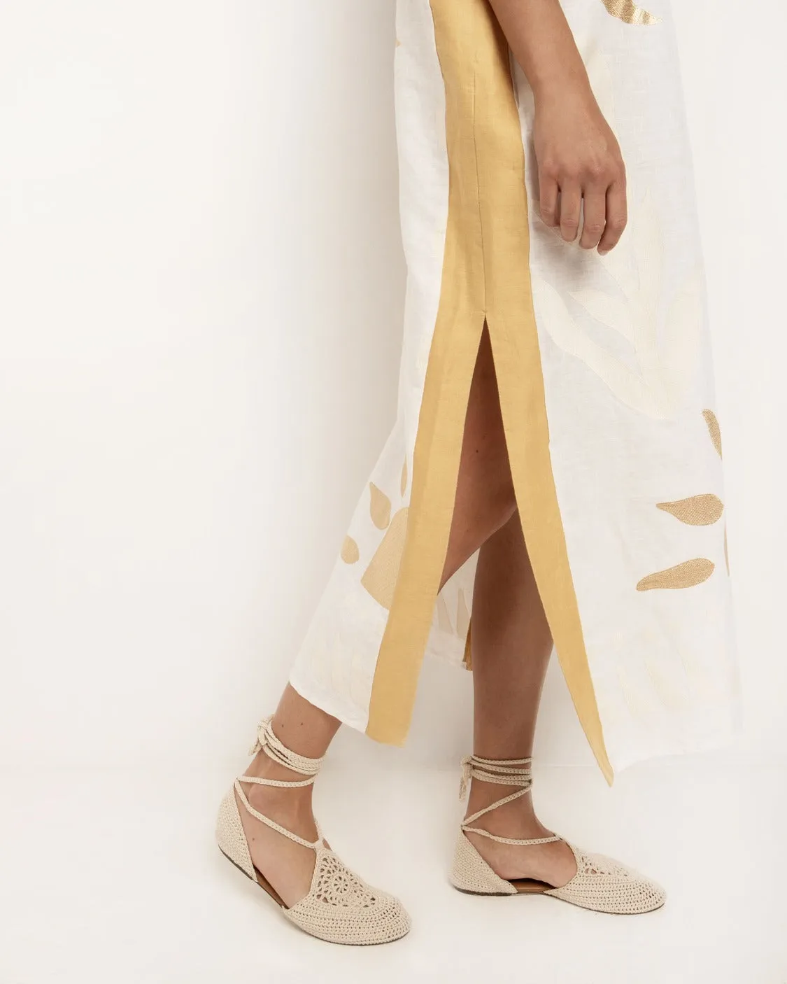 KAFTAN LONG SUN DRESS - WHITE MASTARD/ECRU