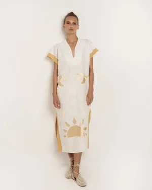 KAFTAN LONG SUN DRESS - WHITE MASTARD/ECRU