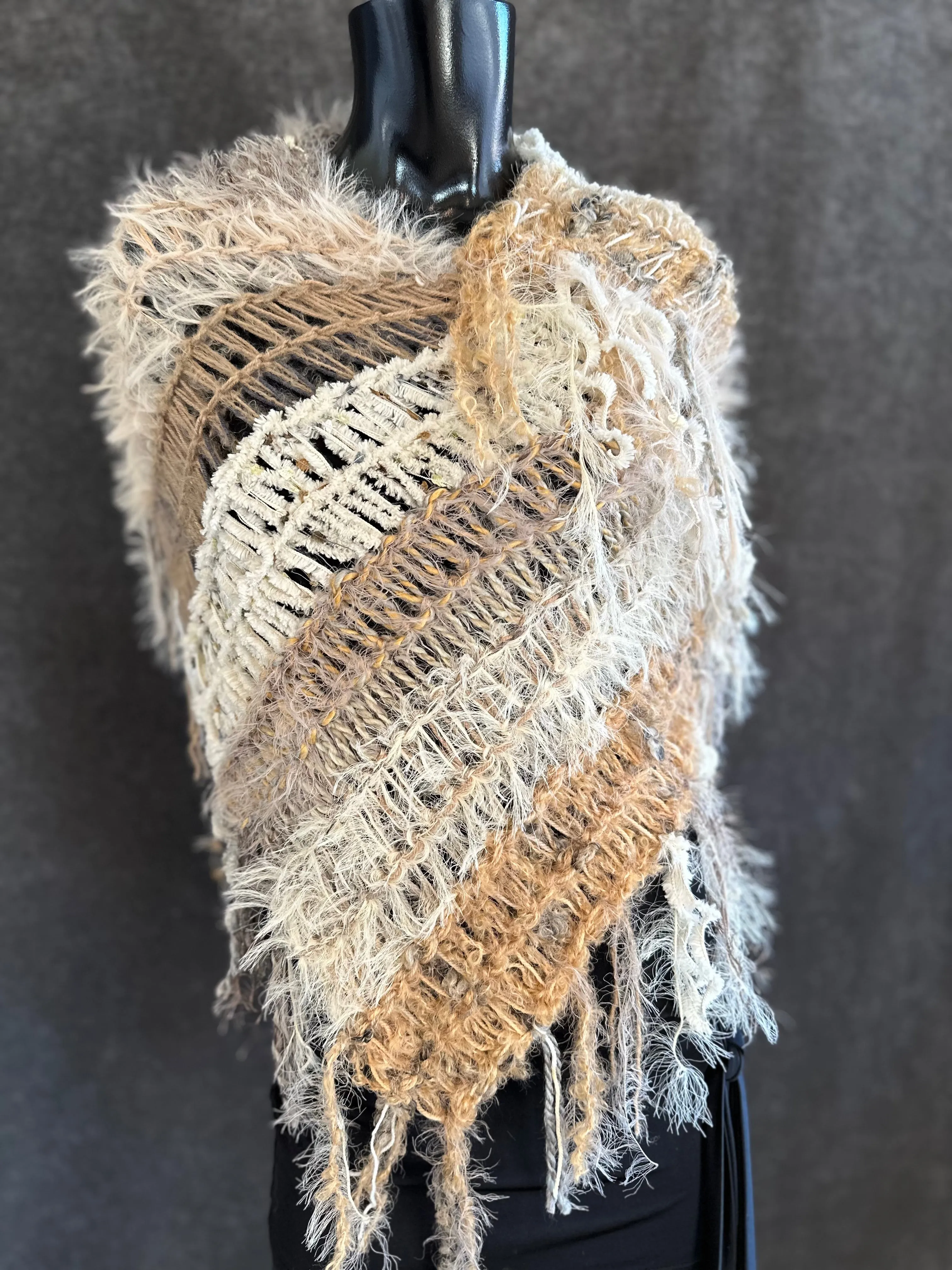 Knit Boho Chic Poncho in cream beige, boho style clothing