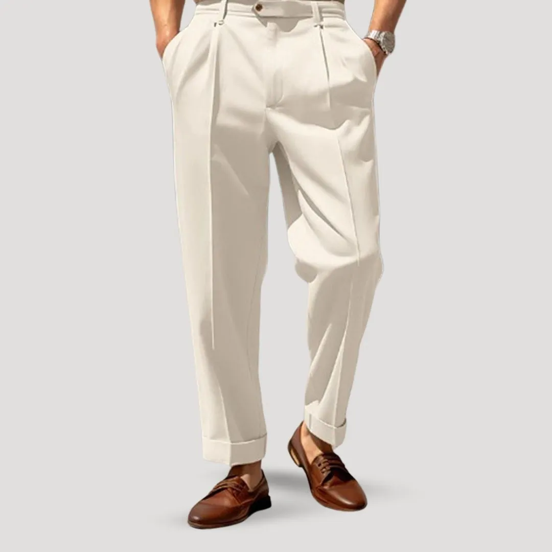 Men’s Pleated Trousers – Relaxed Tailored Fit – Cream Smart-Casual Style