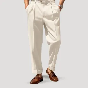 Men’s Pleated Trousers – Relaxed Tailored Fit – Cream Smart-Casual Style
