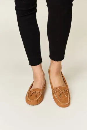 Moccasin Style Front Bow Flat Loafers in Tan