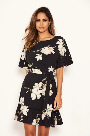 Navy Floral Frill Hem Dress