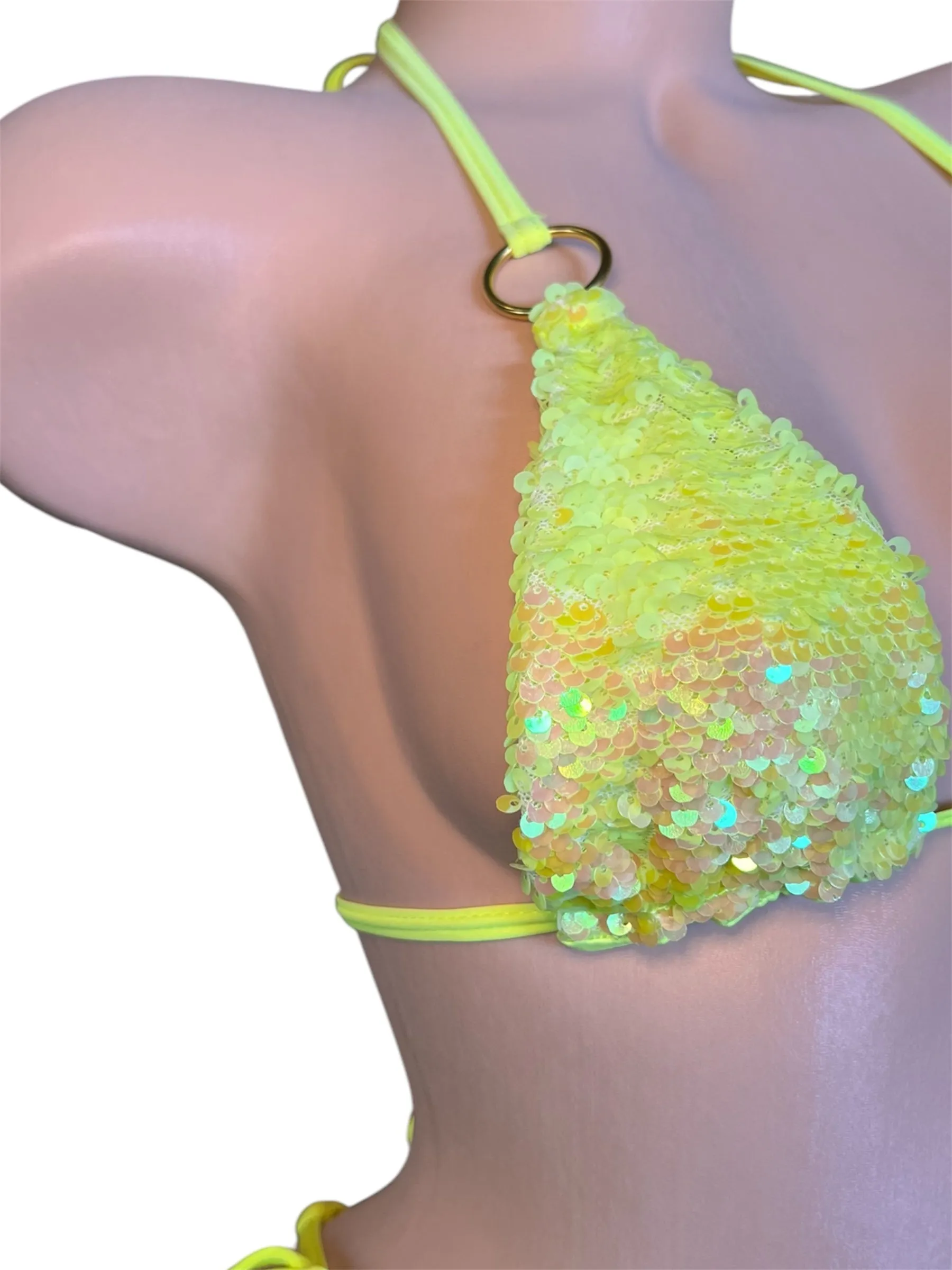 NEON YELLOW FLIP SEQUINS BIKINI TOP W/ GOLD RING