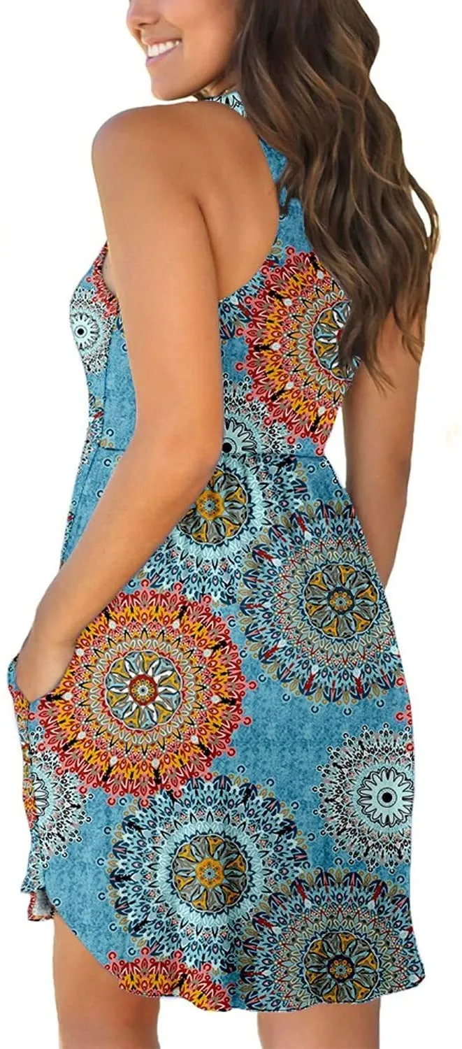 New Women Imrusan Sleeveless Racerback T Shirt Tank Dress with Pockets in Blue Mix, Sz M!