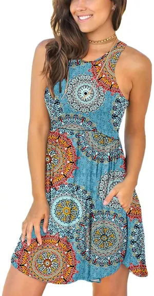 New Women Imrusan Sleeveless Racerback T Shirt Tank Dress with Pockets in Blue Mix, Sz M!