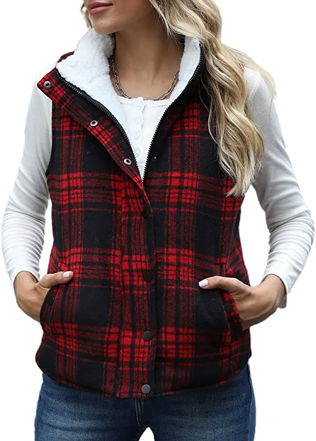 New Zilcremo Women's Winter Buffalo Plaid Jacket Padding Vest Stand Collar Zip Sherpa Fleece Quilted Gilet Coat, Sz M!