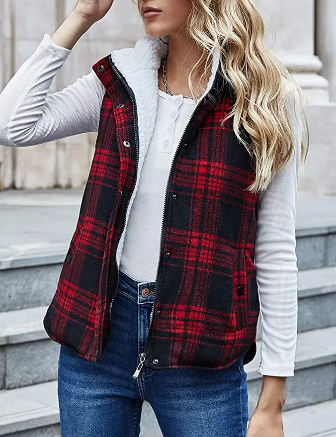 New Zilcremo Women's Winter Buffalo Plaid Jacket Padding Vest Stand Collar Zip Sherpa Fleece Quilted Gilet Coat, Sz M!