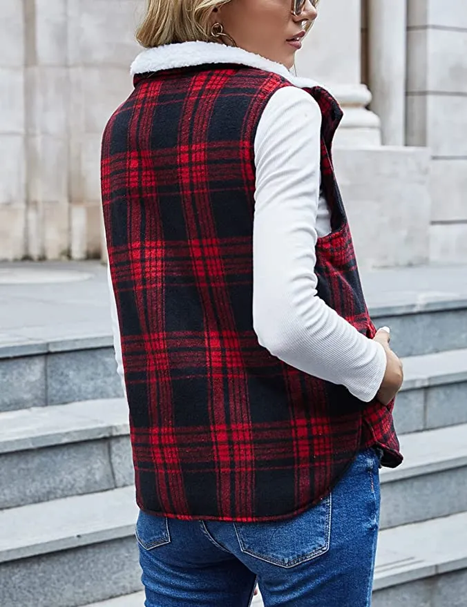 New Zilcremo Women's Winter Buffalo Plaid Jacket Padding Vest Stand Collar Zip Sherpa Fleece Quilted Gilet Coat, Sz M!