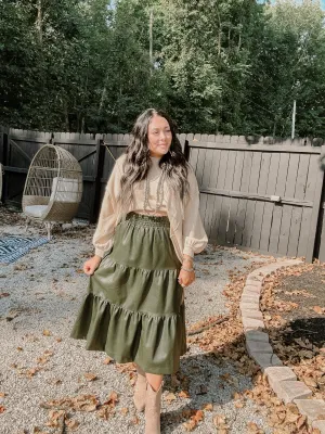 Olive Faux Leather Tiered Midi Skirt