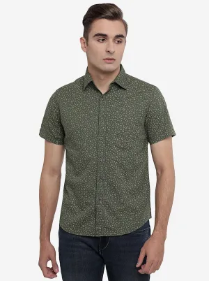 Olive Green Printed Slim Fit Semi Casual Shirt | Greenfibre