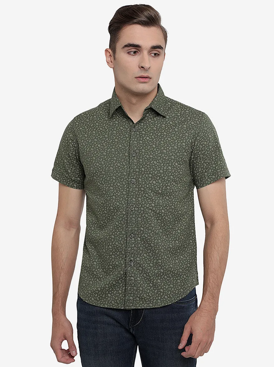 Olive Green Printed Slim Fit Semi Casual Shirt | Greenfibre