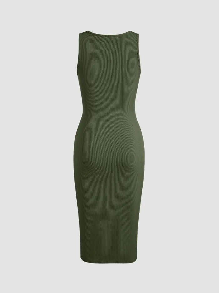 Olive Rib Dress With Side Rouched Slit