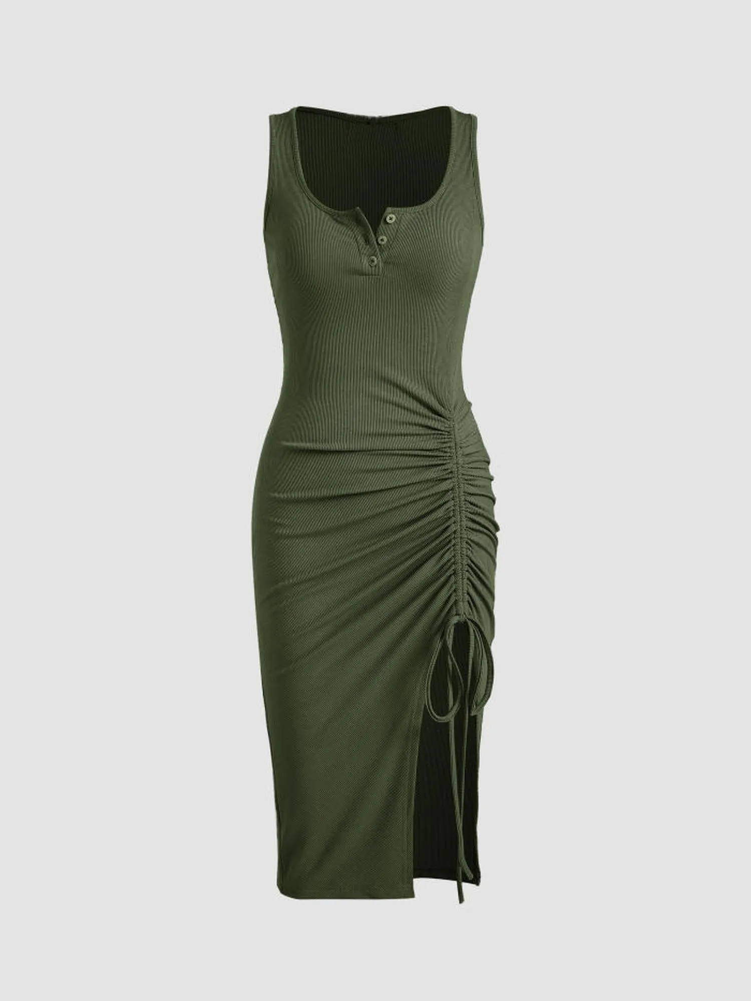 Olive Rib Dress With Side Rouched Slit