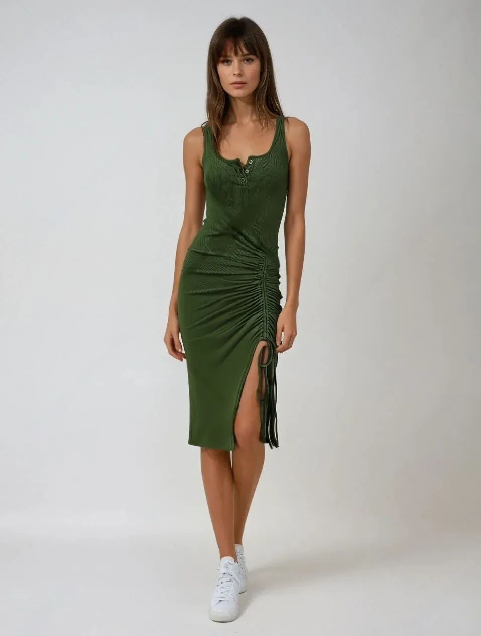 Olive Rib Dress With Side Rouched Slit
