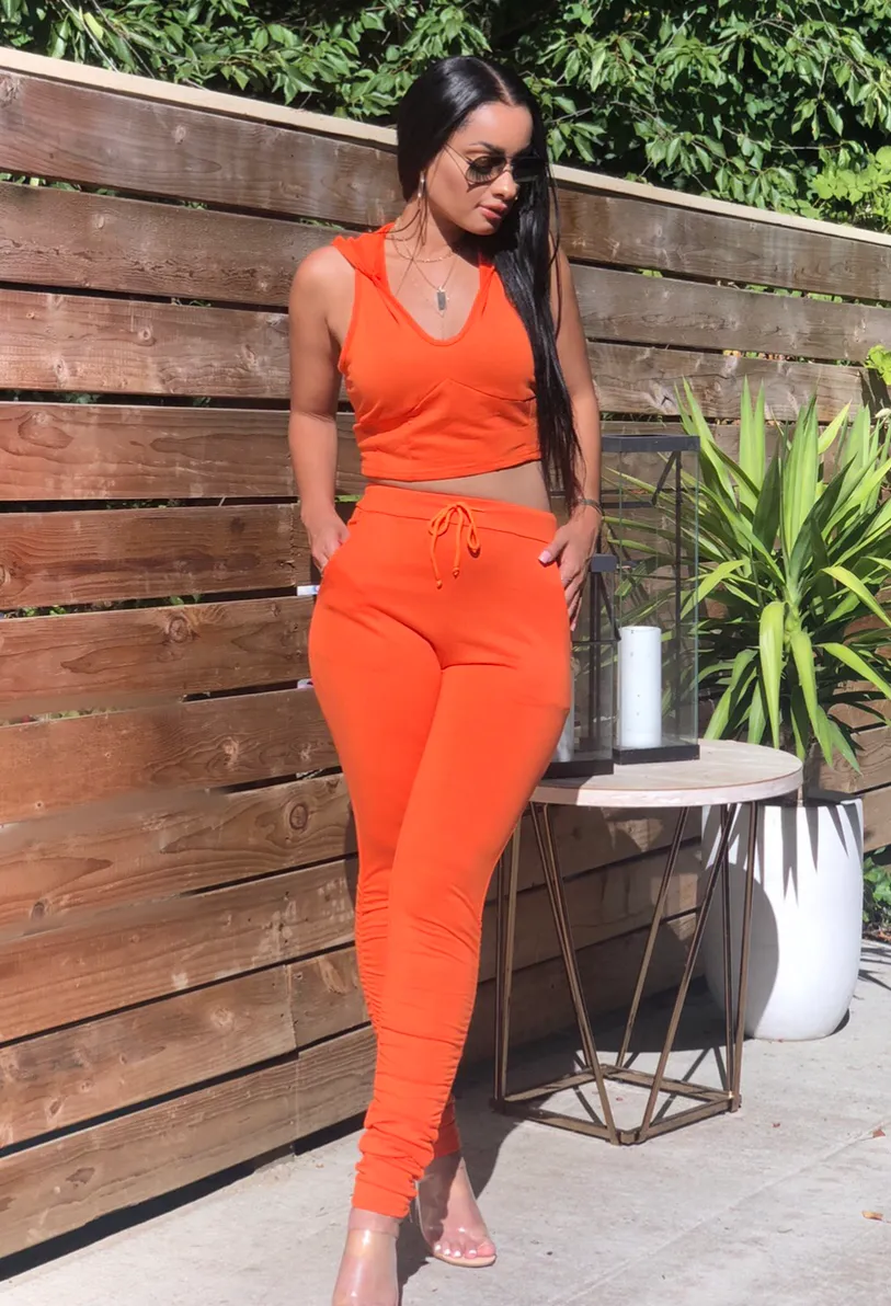 Orange Cropped Hoodie Pant Set